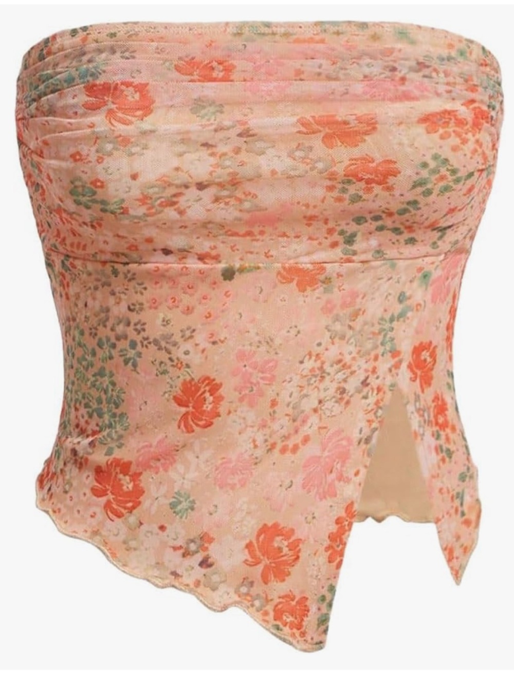 Coral Orange Floral Mesh Ruched Tube Top